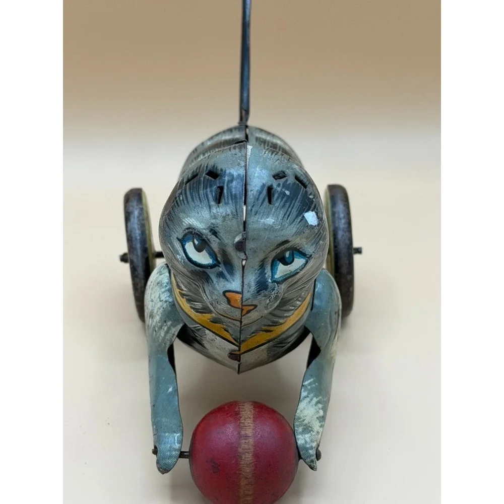 Vintage Marx Kitty Kat Tin Litho Lever Action Cat w/ Ball